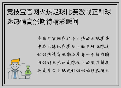 竞技宝官网火热足球比赛激战正酣球迷热情高涨期待精彩瞬间